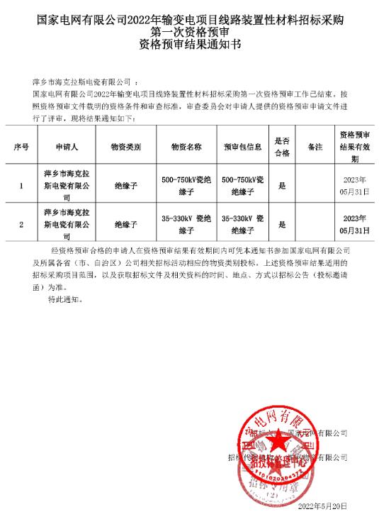 國家電網(wǎng)有限公司35kV-750kV資格預(yù)審結(jié)果通知書